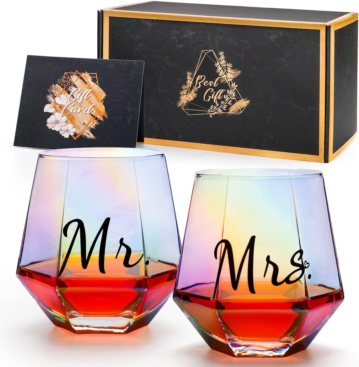 Mr & Mrs Iridescent Diamond Shaped Stemless Wine Glasses for Couples - Unique Colorful His & Hers Wedding & Engagement Gift Set of 2