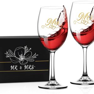 Bridal Shower Gifts Wedding Gifts Engagement Gift for Couples Newlyweds,Mr and Mrs Wine Glass Set,Wedding Glasses for Bride and Groom