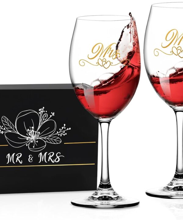 Bridal Shower Gifts Wedding Gifts Engagement Gift for Couples Newlyweds,Mr and Mrs Wine Glass Set,Wedding Glasses for Bride and Groom