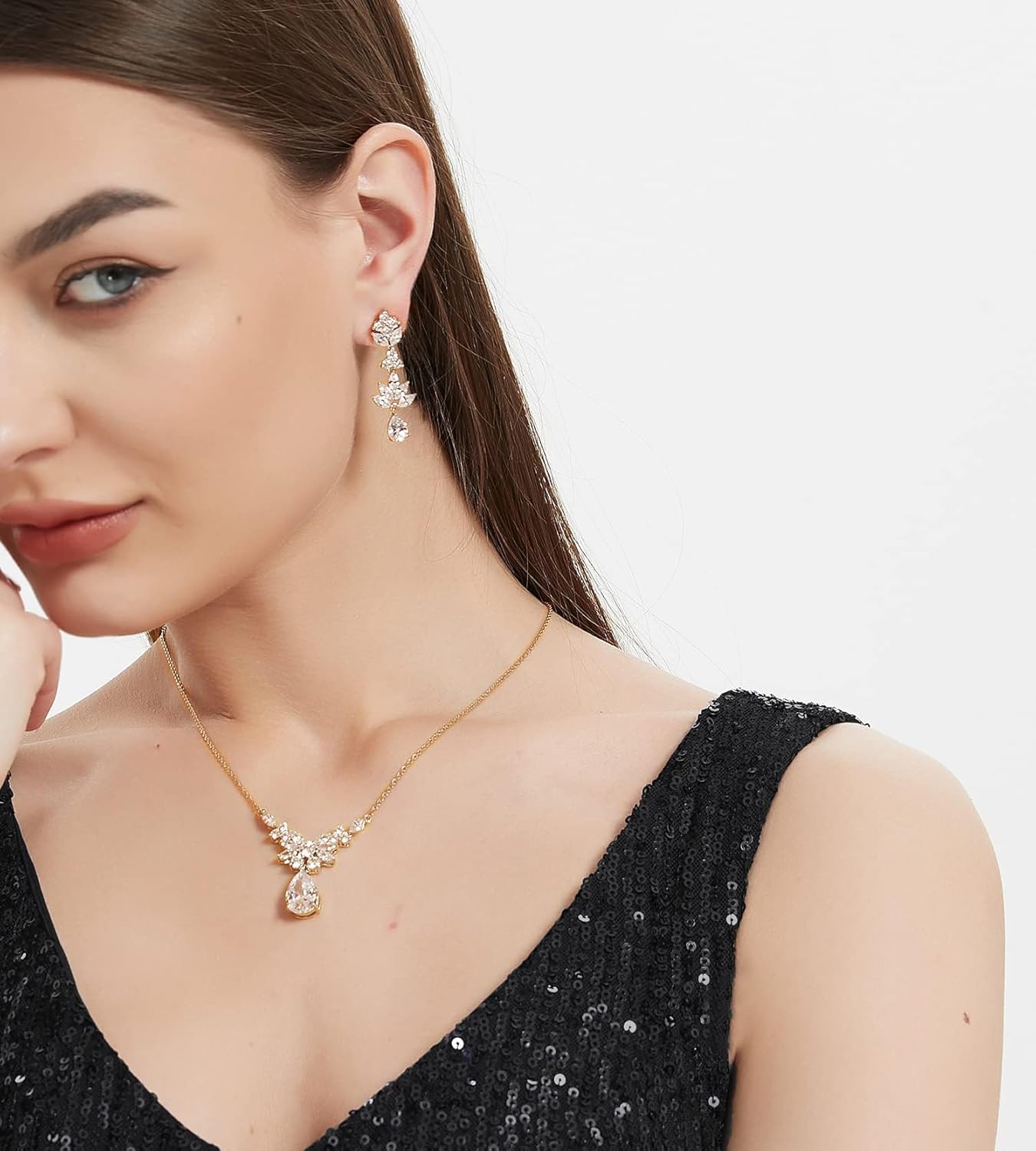 UDYLGOON Sparkling Bride Bidesmaid Wedding Jewelry Set, Cubic Zirconia Dangle Earrings Necklace Bracelet Set for Pageant Prom Formal Wear