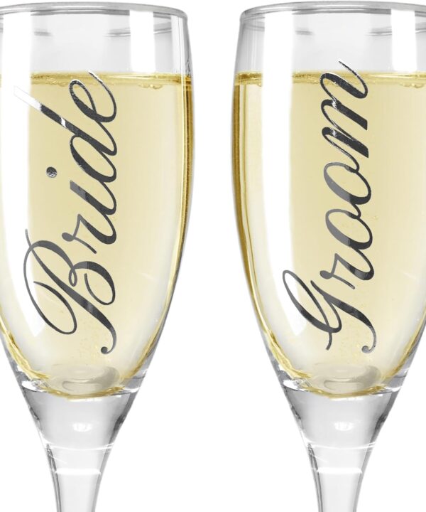 BANBERRY DESIGNS Bride and Groom Champagne Glasses Set of 2 Elegant Toasting Flutes Silver Wedding Champagne Set Wedding Glasses 6 oz