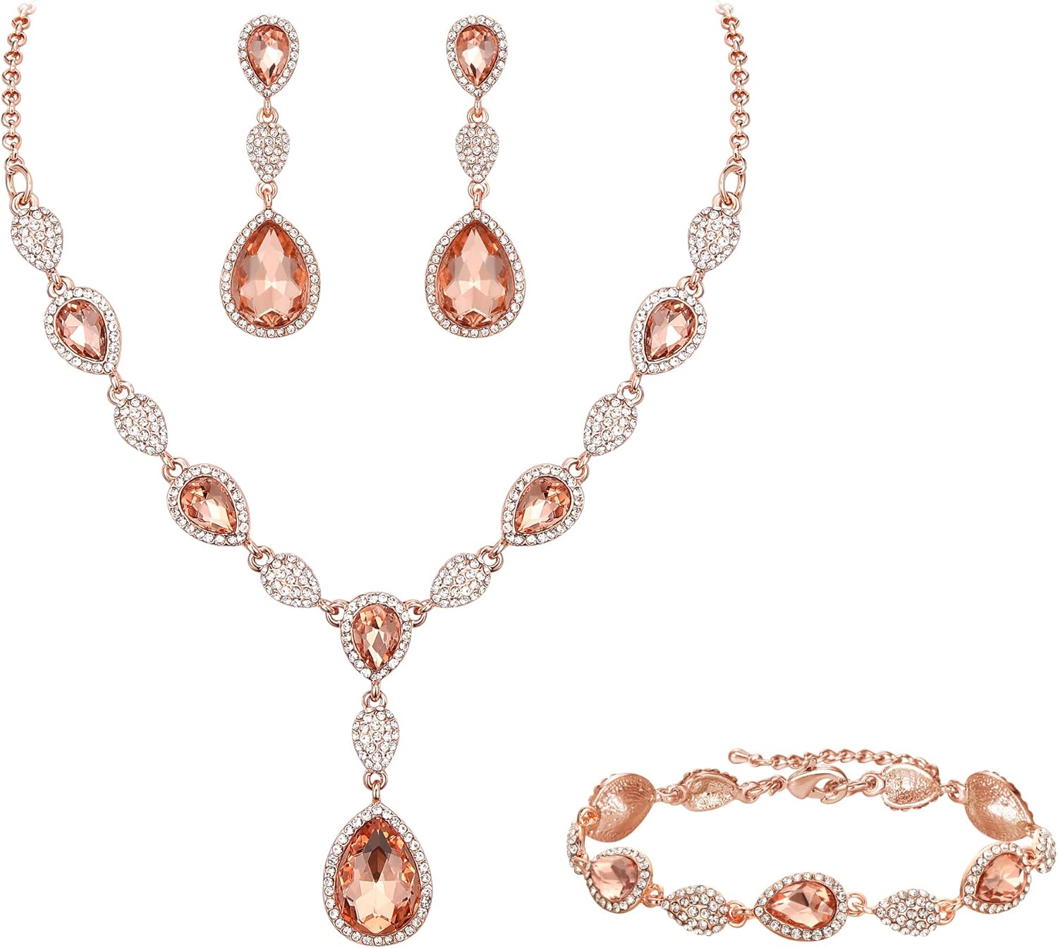 EleQueen Women's Wedding Bridal Jewelry Sets for Brides Bridesmaids, Cubic Zirconia Teardrop Necklace Tennis Bracelet Dangle Earrings Jewellery Set