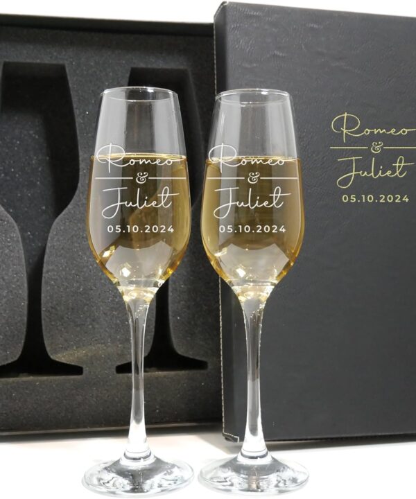 Personalized Champagne Flutes - Set of 2 - Custom Wedding Glasses - Bride & Groom Wedding Gifts for Mr & Mrs - Engagement, Bridal Shower, Anniversary, Gift for Couple - Valentines Day Gift - 6 Designs