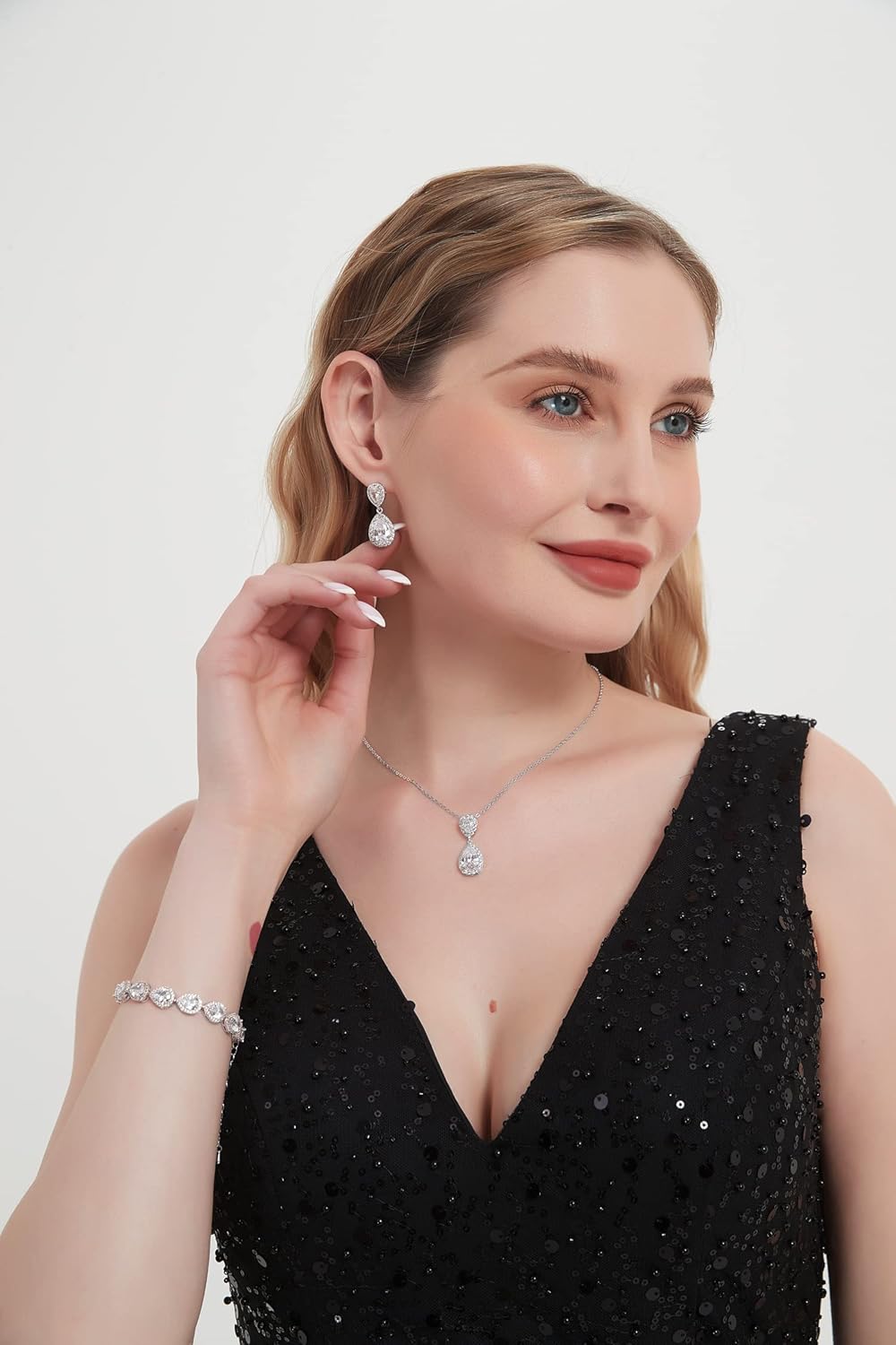 UDYLGOON Elegant Bridal Jewelry Set for Bride Bridesmaid Wedding Prom Teardrop Necklace Earrings Bracelet Set