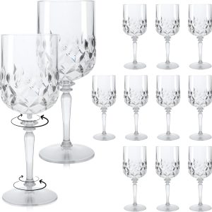 Detachable Plastic Wine Glasses 12oz (Set of 12, Clear), Unbreakable Reusable BPA-Free Vintage Goblets Stemmed Drinking Glasses, for Weddings Parties Events, Diamond-Cut Design