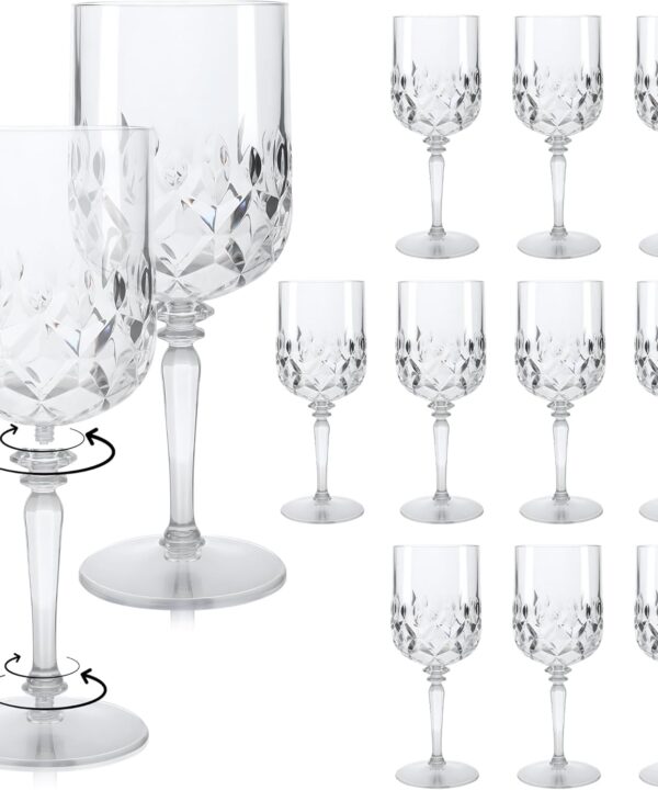 Detachable Plastic Wine Glasses 12oz (Set of 12, Clear), Unbreakable Reusable BPA-Free Vintage Goblets Stemmed Drinking Glasses, for Weddings Parties Events, Diamond-Cut Design