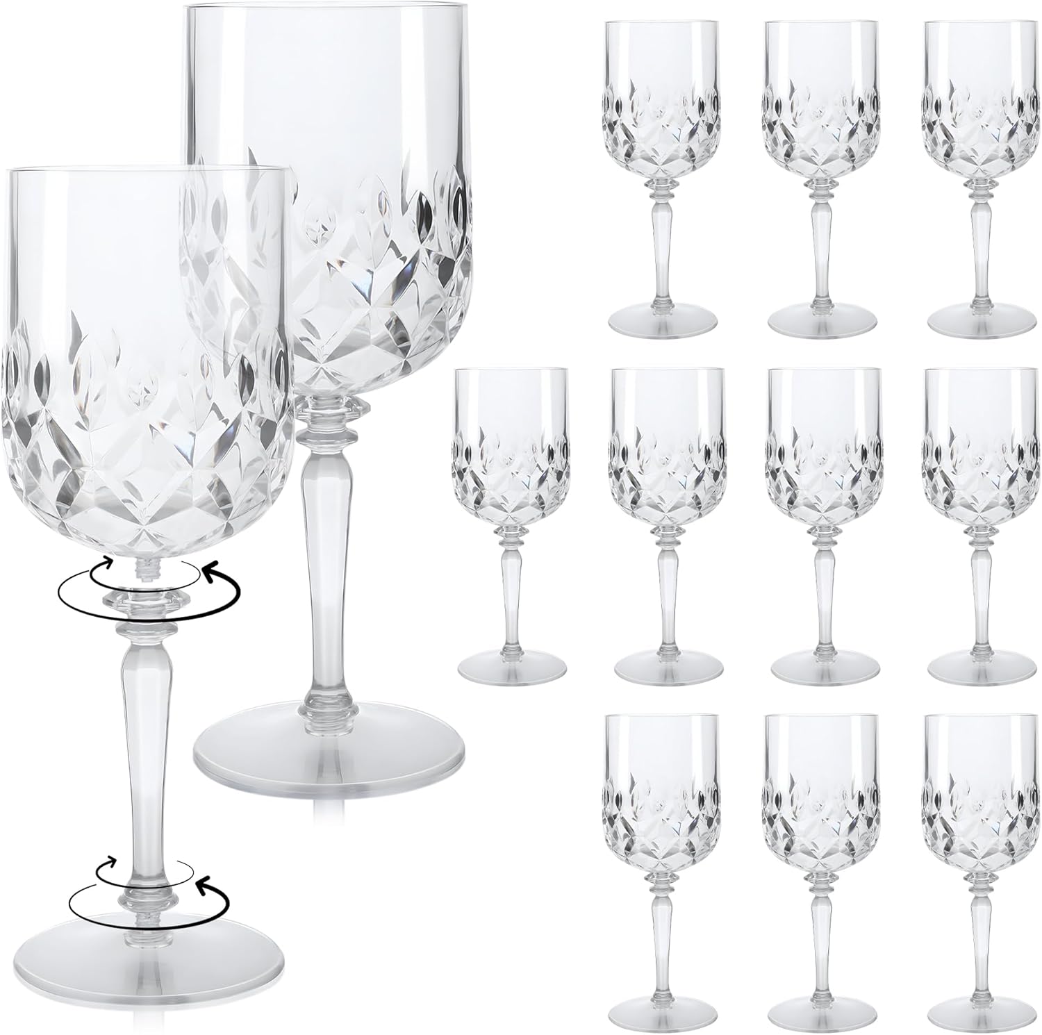 Detachable Plastic Wine Glasses 12oz (Set of 12, Clear), Unbreakable Reusable BPA-Free Vintage Goblets Stemmed Drinking Glasses, for Weddings Parties Events, Diamond-Cut Design