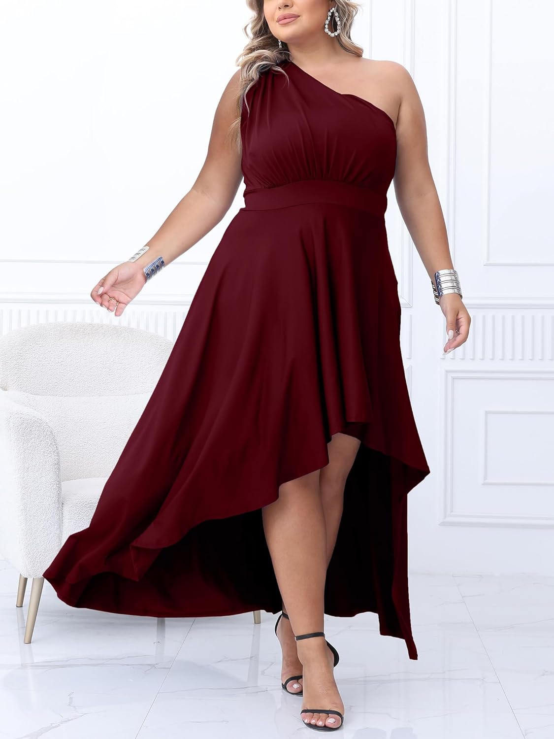 Ekaliy Women’s Plus Size One Shoulder Dress Sexy High Low Irregular Hem Flowy Party Cocktail Maxi Dress