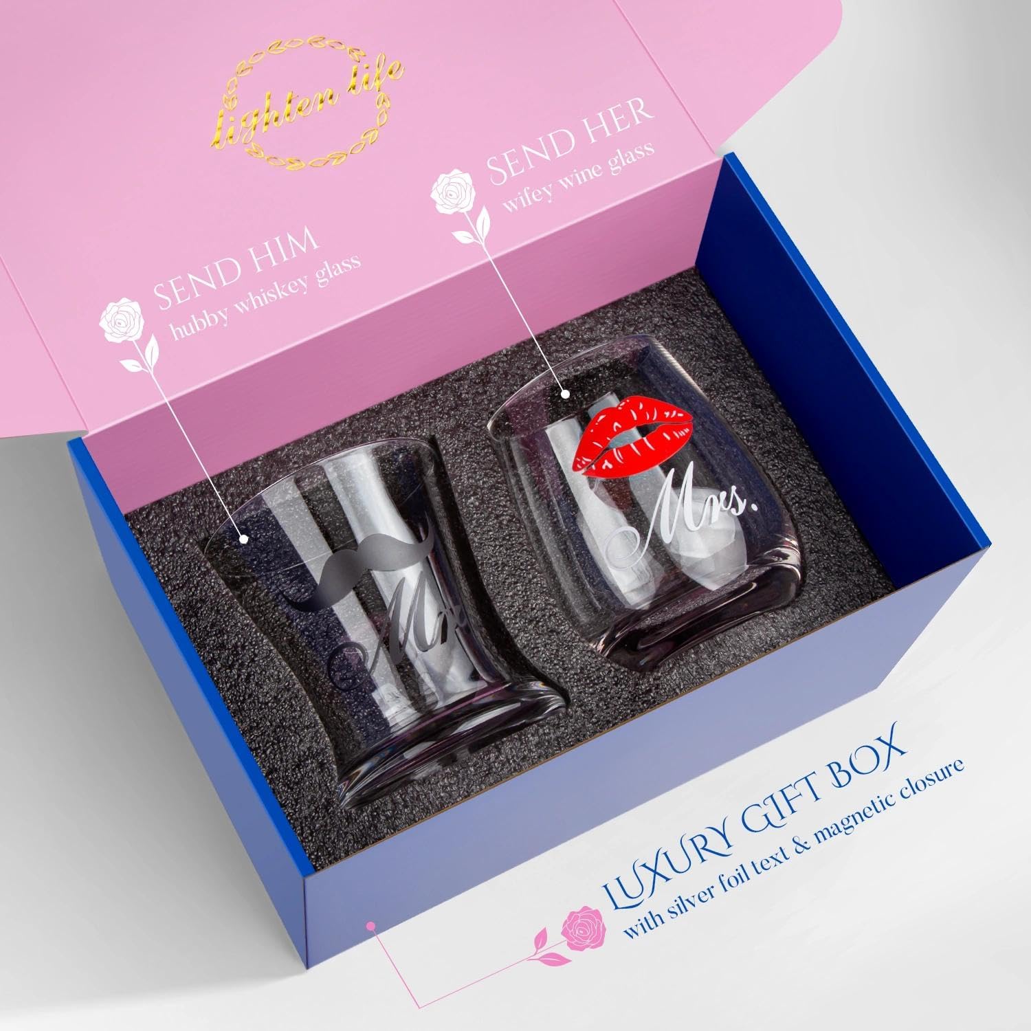 LIGHTEN LIFE Wedding Engagement Gifts for Couples, Bridal Shower Gift for Bride and Groom Newlyweds, Anniversary Mr and Mrs Whiskey Wine Glasses Set with Appron