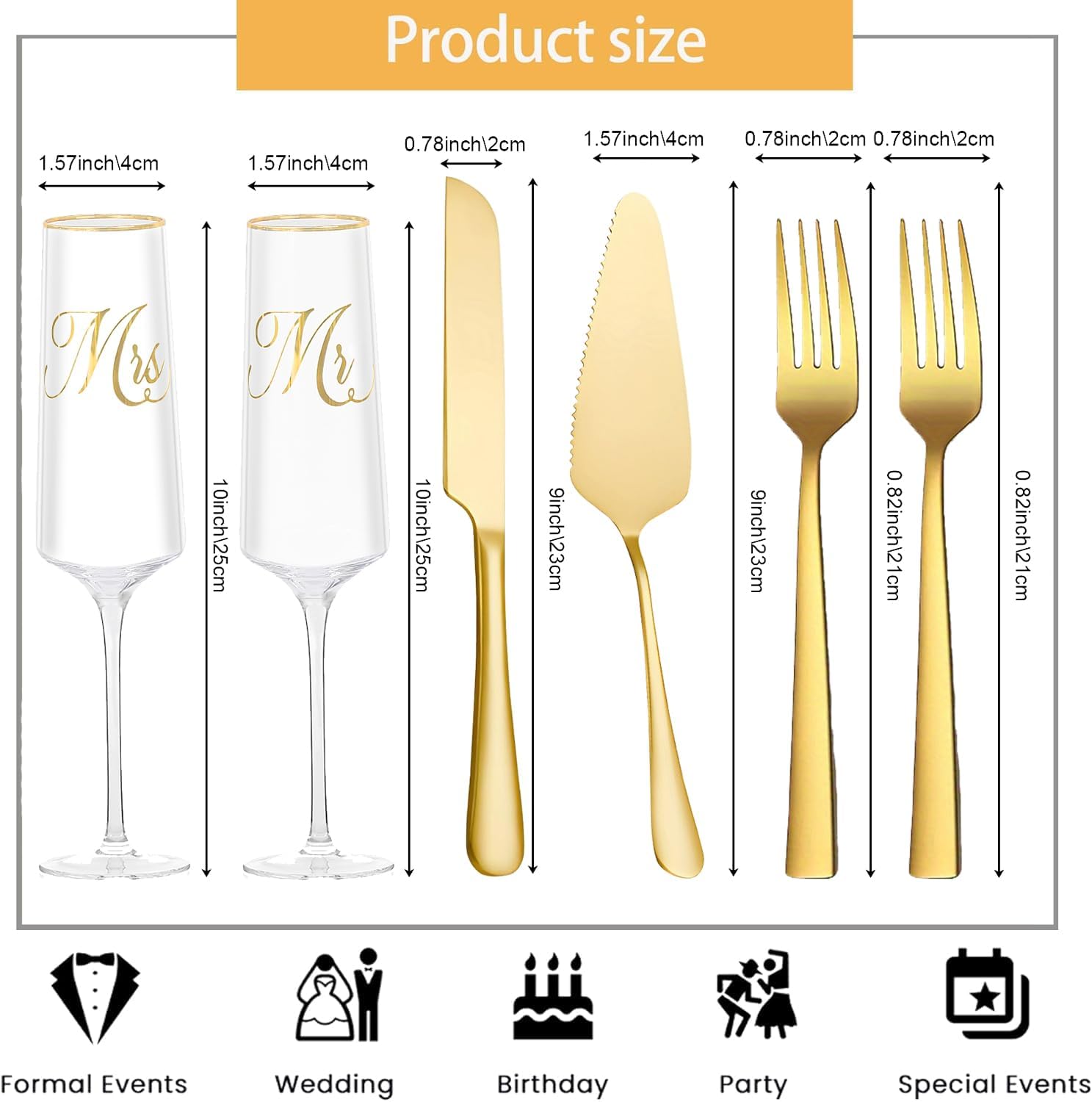 Mr and Mrs Champagne Flutes, Wedding Cake Cutting Set of 6, Bride and Groom Champagne Glasses, Wedding Cake Knife and Server Set, Bridal Shower Gift, Engagement for Couple Newlyweds