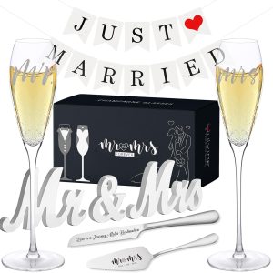 Engraved Mr and Mrs Champagne Flutes Wooden Sign,Wedding Toasting Glasses for Bride and Groom,Cake Knife and Server Set Just Married Banner for Couple Reception Ceremony