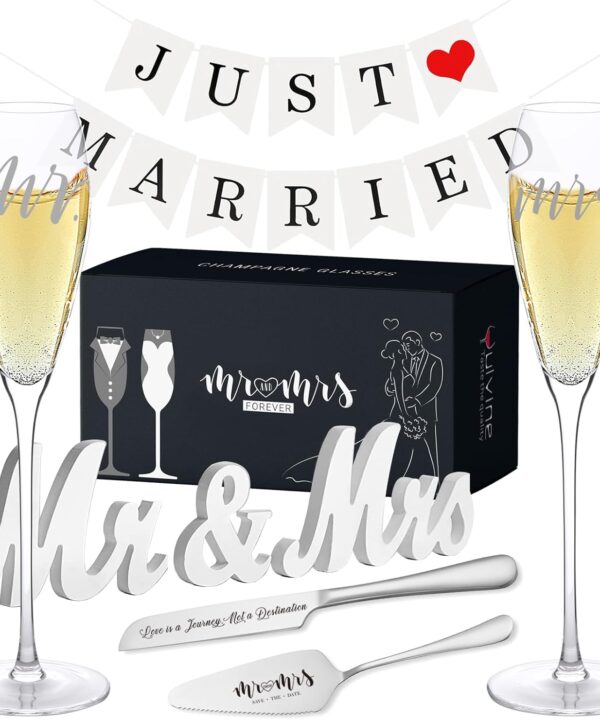 Engraved Mr and Mrs Champagne Flutes Wooden Sign,Wedding Toasting Glasses for Bride and Groom,Cake Knife and Server Set Just Married Banner for Couple Reception Ceremony