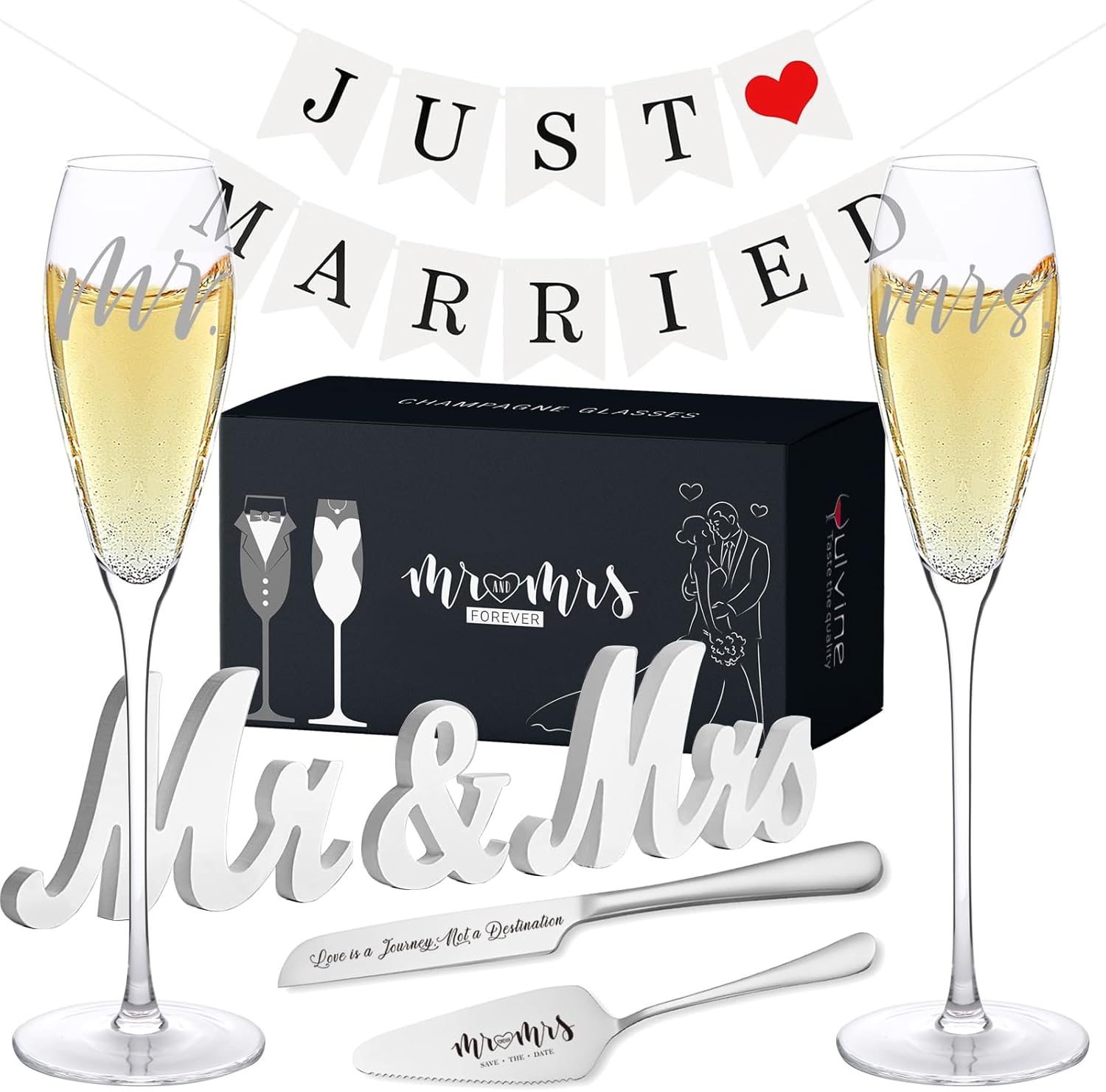 Engraved Mr and Mrs Champagne Flutes Wooden Sign,Wedding Toasting Glasses for Bride and Groom,Cake Knife and Server Set Just Married Banner for Couple Reception Ceremony
