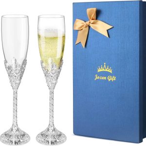 Champagne Flutes - Set of 2 Champagne Glasses,Toasting Flute Pair,Crystal Glasses&Metal Base, Wedding Anniversary, Party Birthday Banquets,Gifts for Bride and Groom 6 oz-Silver