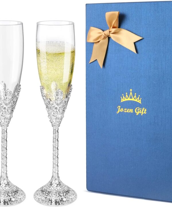 Champagne Flutes - Set of 2 Champagne Glasses,Toasting Flute Pair,Crystal Glasses&Metal Base, Wedding Anniversary, Party Birthday Banquets,Gifts for Bride and Groom 6 oz-Silver