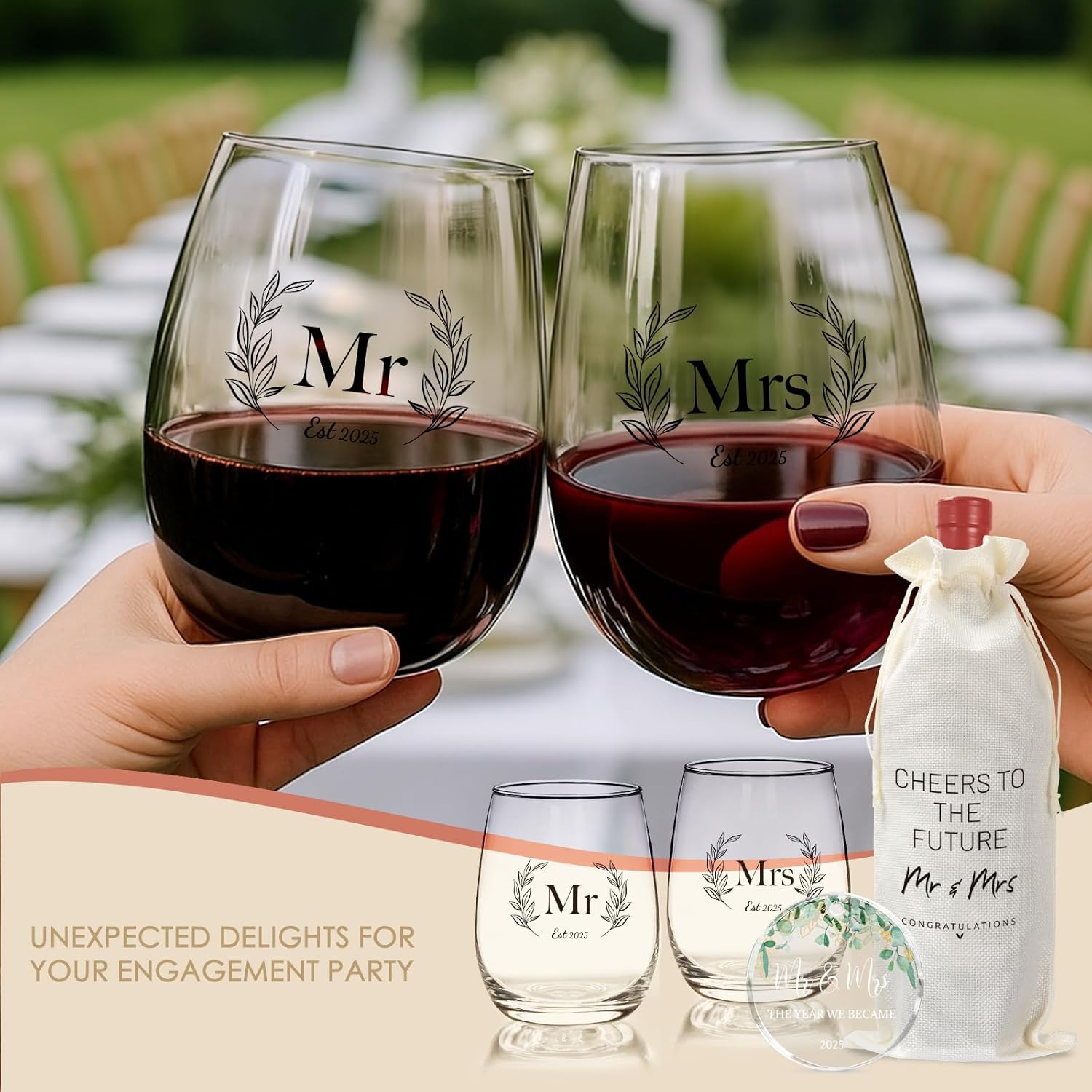 Wedding Gifts for Couples 2025, Mr and Mrs Gifts, Bridal Shower 18 Oz Wine Glass Set