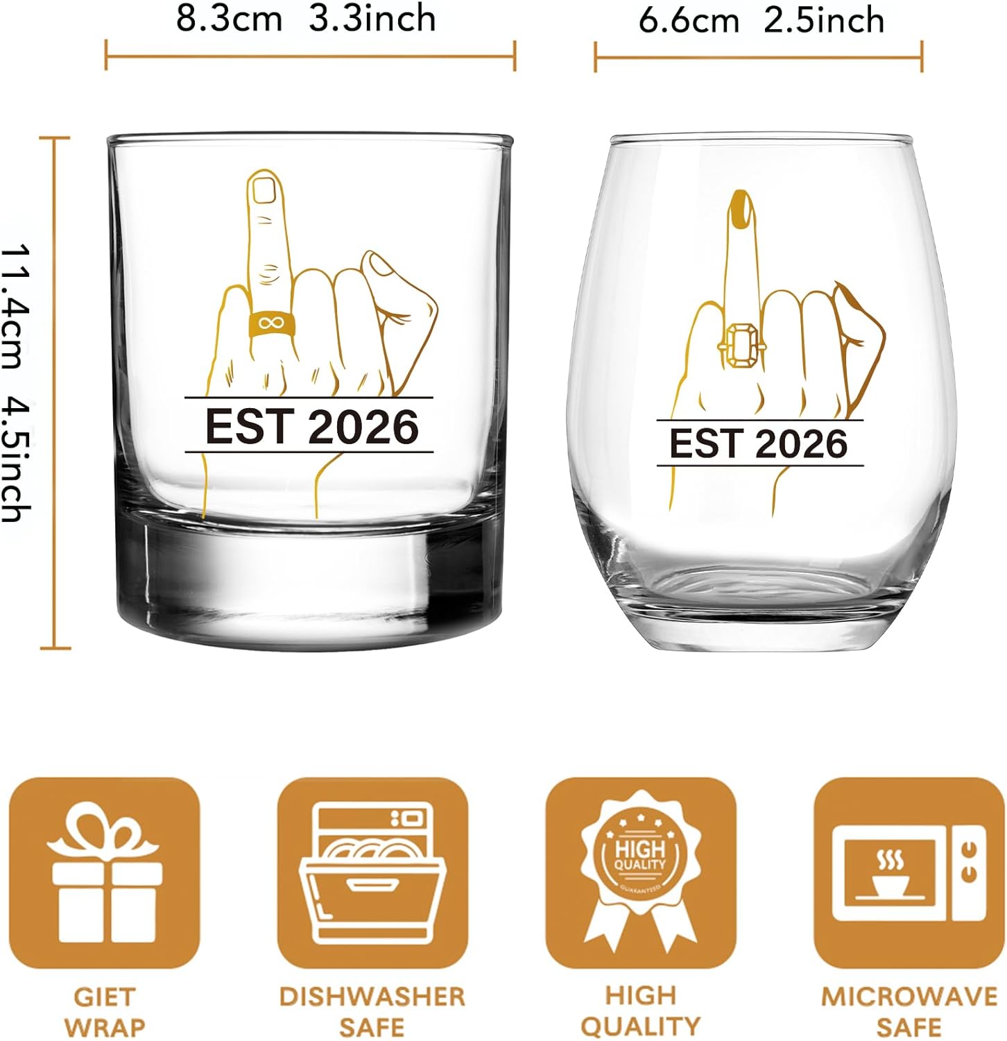 Ring Finger Wine Glass Set for Bride Groom – His & Hers Mr and Mrs Toasting Cups with Ring Design, Funny Wedding Gift for Couples Engagement Bridal Shower Anniversary – 305