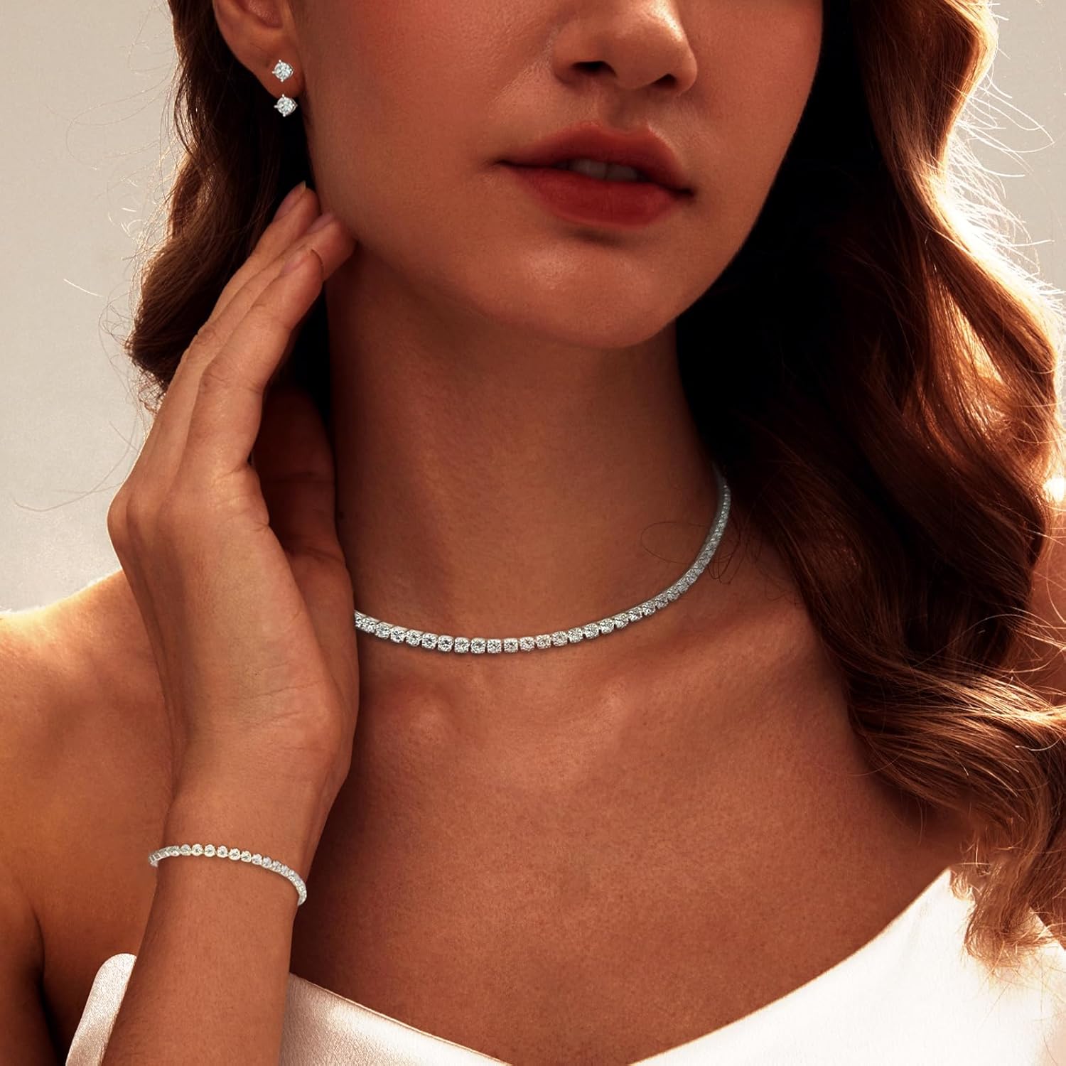 Luxval Tennis Necklace Set for Women Tennis Bracelets Diamond Earrings Sterling Silver Necklace Wedding Jewelry for Bride Silver Jewelry Sets for Women Gift