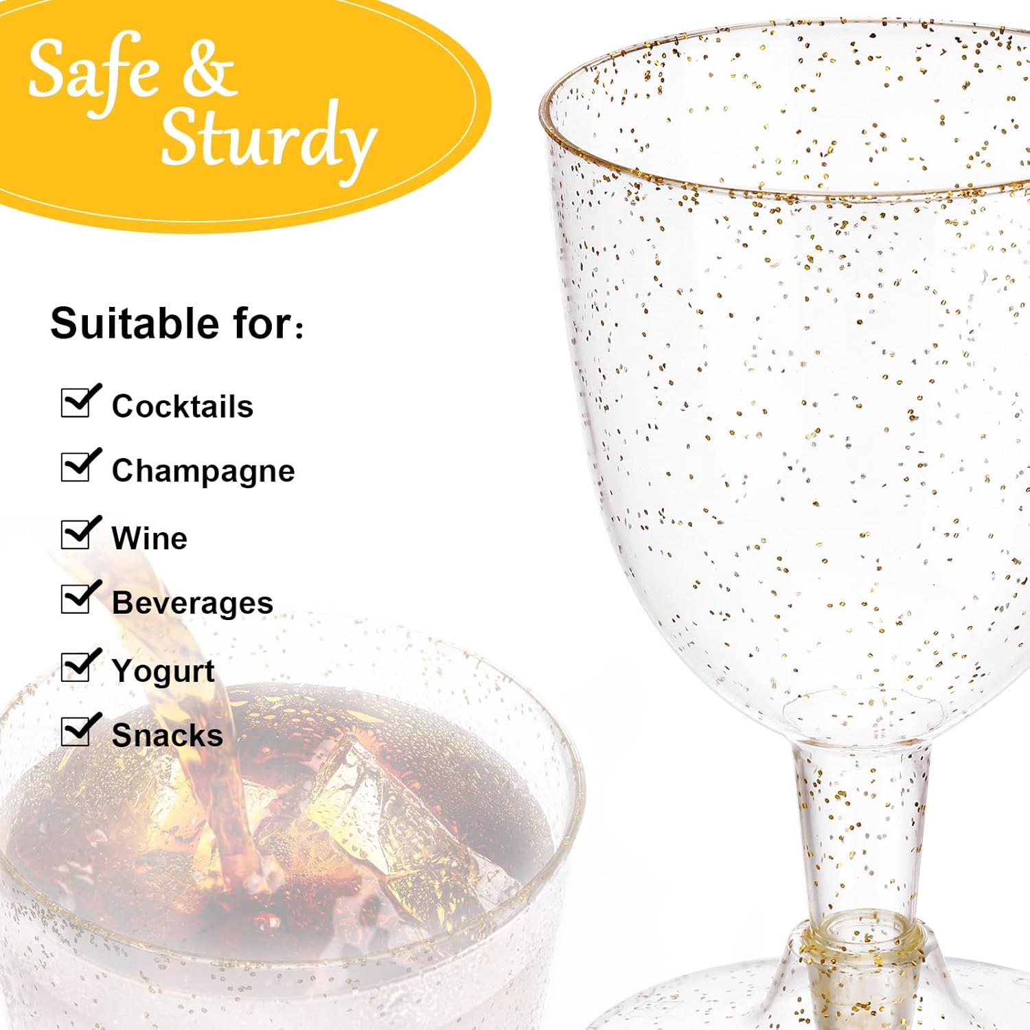meekoo 50 Pcs 5.7oz / 170ml Disposable Plastic Wine Glasses, Gold Glitter Champagne Goblets Cocktail Cups for Weddings Birthday Bridal Shower Halloween Thanksgiving Christmas Party Outdoor Gatherings