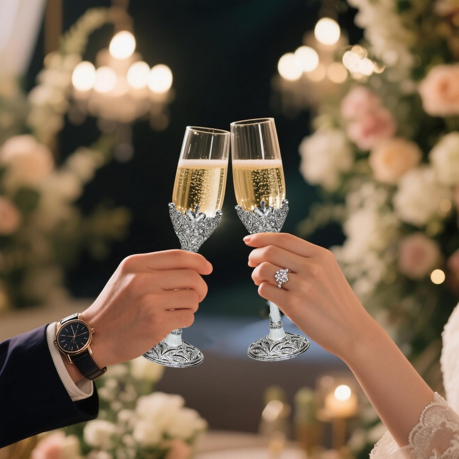 Silver Champagne Flutes -Wedding Toasting Glasses for His and Hers,Engagement Celebrations, Bridal Shower and Registry Idea, Gifts for Bride and Groom Gifts,7oz (Silver)