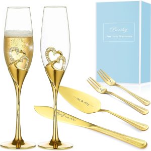 Wedding Cake Knife and Server Set, Gold Wedding Champagne Fluteswith Twin Heart Base and Rhinestone Detailing, Toasting Glasses for Couple Bride and Groom, Cake Cutting Set of 6