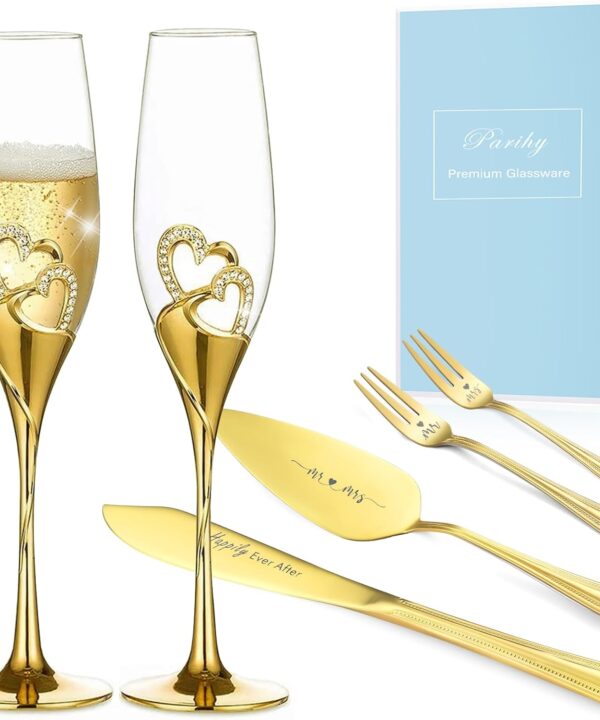 Wedding Cake Knife and Server Set, Gold Wedding Champagne Fluteswith Twin Heart Base and Rhinestone Detailing, Toasting Glasses for Couple Bride and Groom, Cake Cutting Set of 6