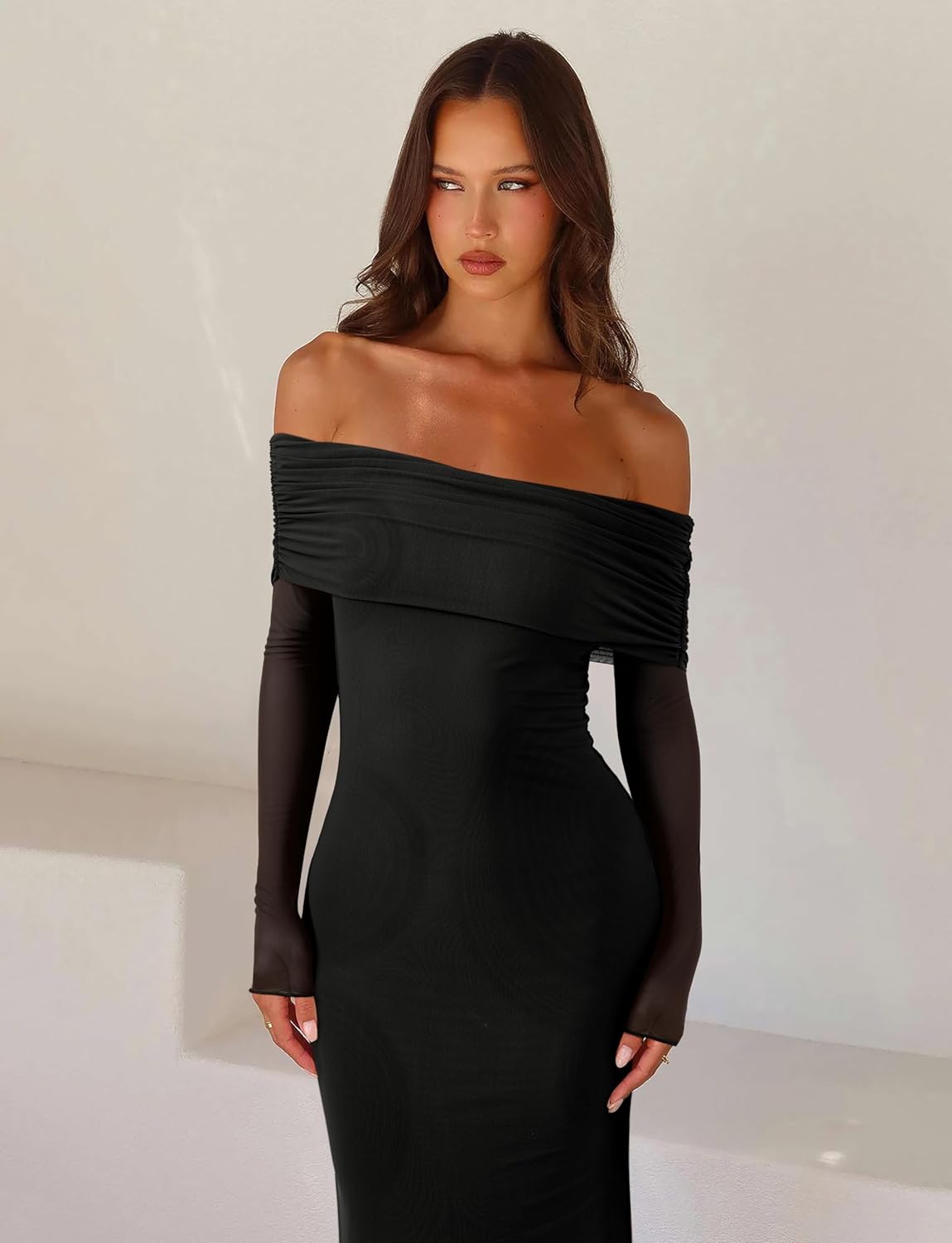 REORIA Women Off Shoulder Long Sleeve Dress Elegant Sexy Stretch Mesh Double Lined Slim Trendy Long Dresses