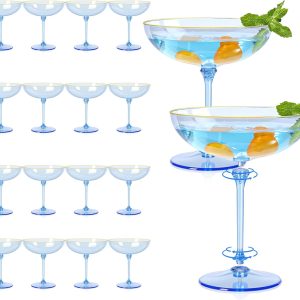 Detachable Martini Glasses 9oz Plastic Blue Champagne Coupe Glasses Gold Rim Hand Blown Vintage Cocktail Glassware Set Unique Martini Glass For Wine Wedding (24, Clear Blue)