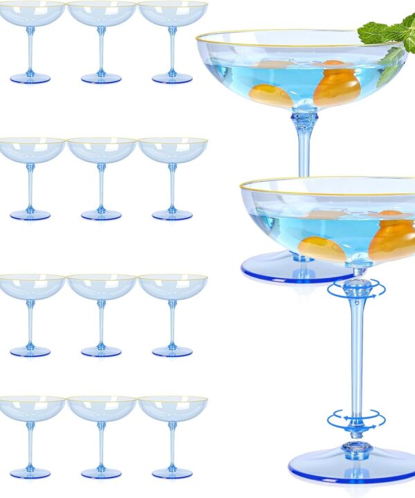 Detachable Martini Glasses 9oz Plastic Blue Champagne Coupe Glasses Gold Rim Hand Blown Vintage Cocktail Glassware Set Unique Martini Glass For Wine Wedding (24, Clear Blue)
