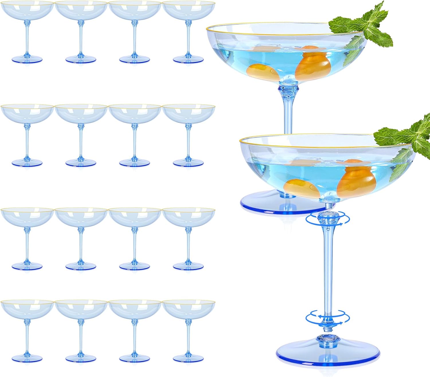 Detachable Martini Glasses 9oz Plastic Blue Champagne Coupe Glasses Gold Rim Hand Blown Vintage Cocktail Glassware Set Unique Martini Glass For Wine Wedding (24, Clear Blue)