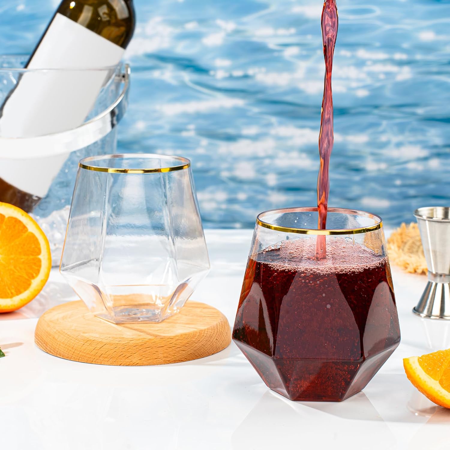 Goodluck 40 PCS Diamond Stemless Plastic Wine Whiskey Glasses, 12 Oz Disposable Cocktail Glasses, Suitable for Weddings, Birthday Parties, Family Gatherings, Bars, etc Gold rimmed cups