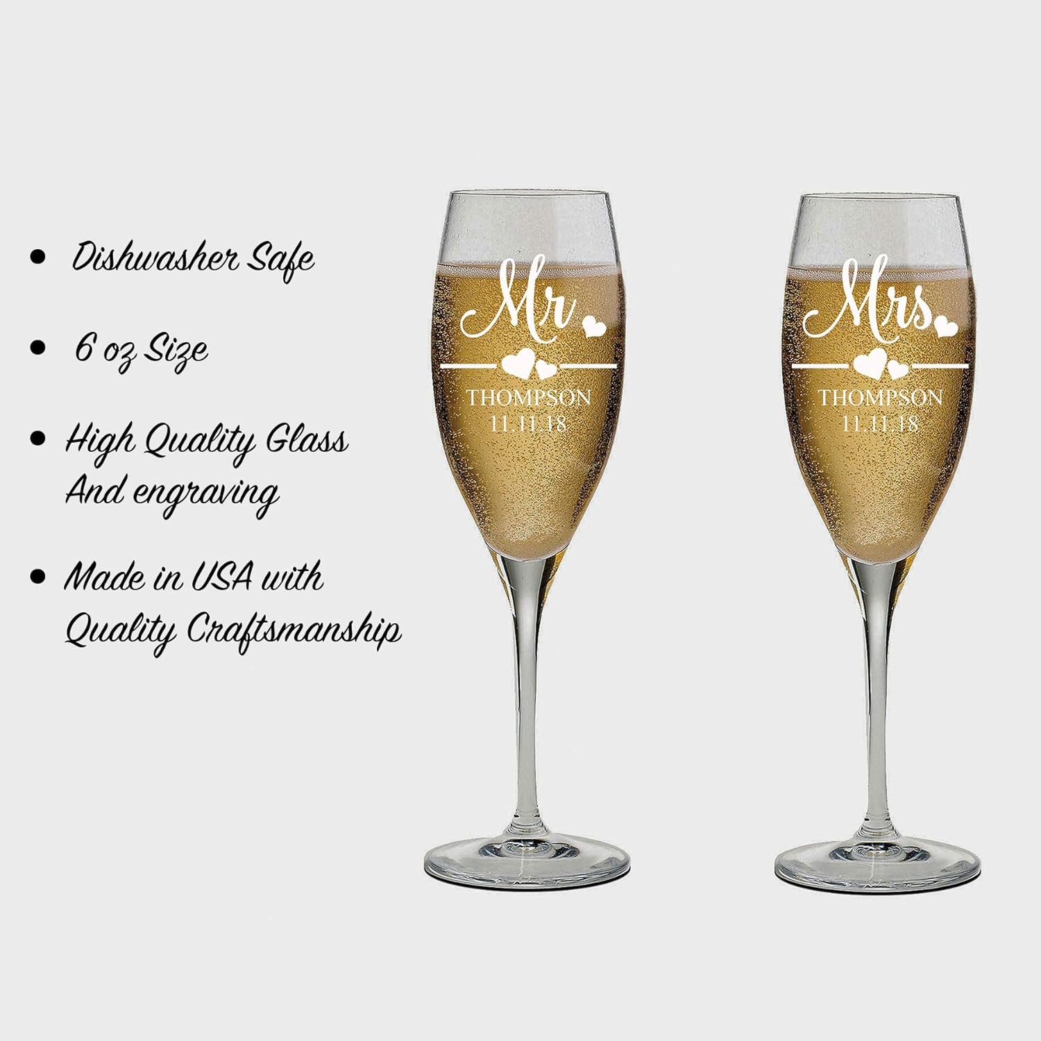 Mr and Mrs Wedding Toasting Champagne Flutes, Set of 2, Laser engraved Tosting Flutes Engraved Personalized Glasses for Bride and Groom