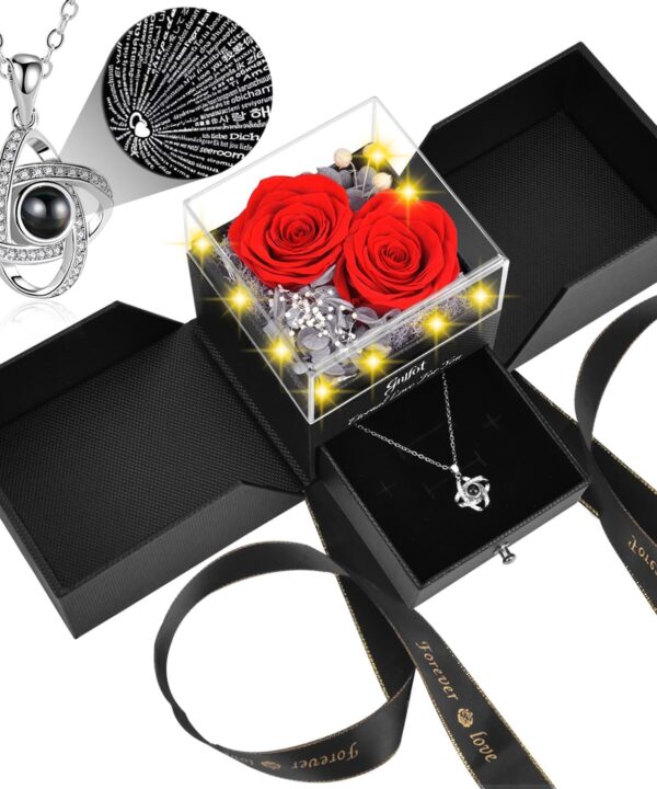 Preserved Red Real Rose with I Love You in 100 Languages Necklace,Eternal Flowers Gifts for Women Wife Girlfriend Mom Grandma on Birthday Anniversary Valentines Mothers Day Christmas,Red Rose
