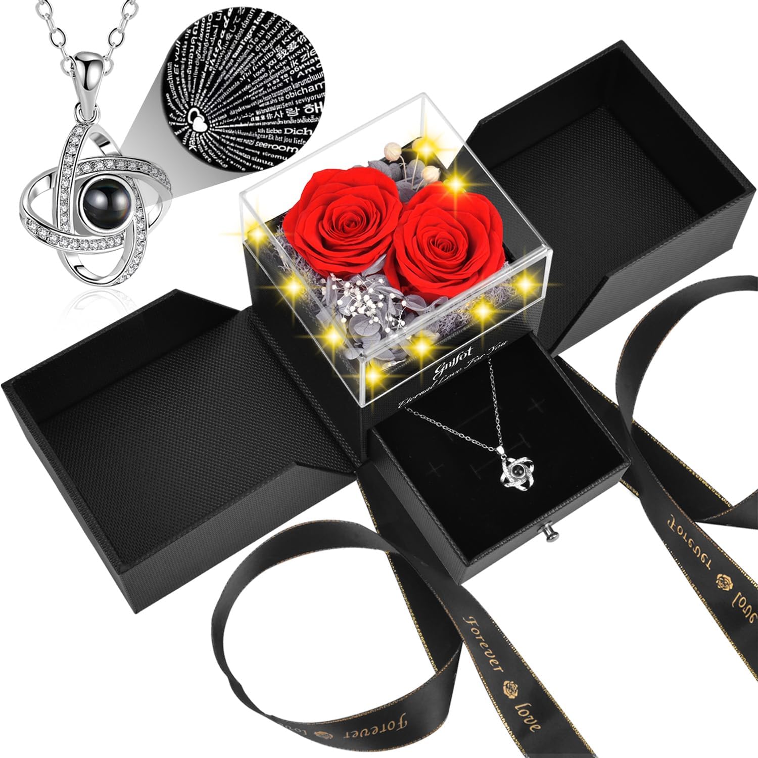 Preserved Red Real Rose with I Love You in 100 Languages Necklace,Eternal Flowers Gifts for Women Wife Girlfriend Mom Grandma on Birthday Anniversary Valentines Mothers Day Christmas,Red Rose