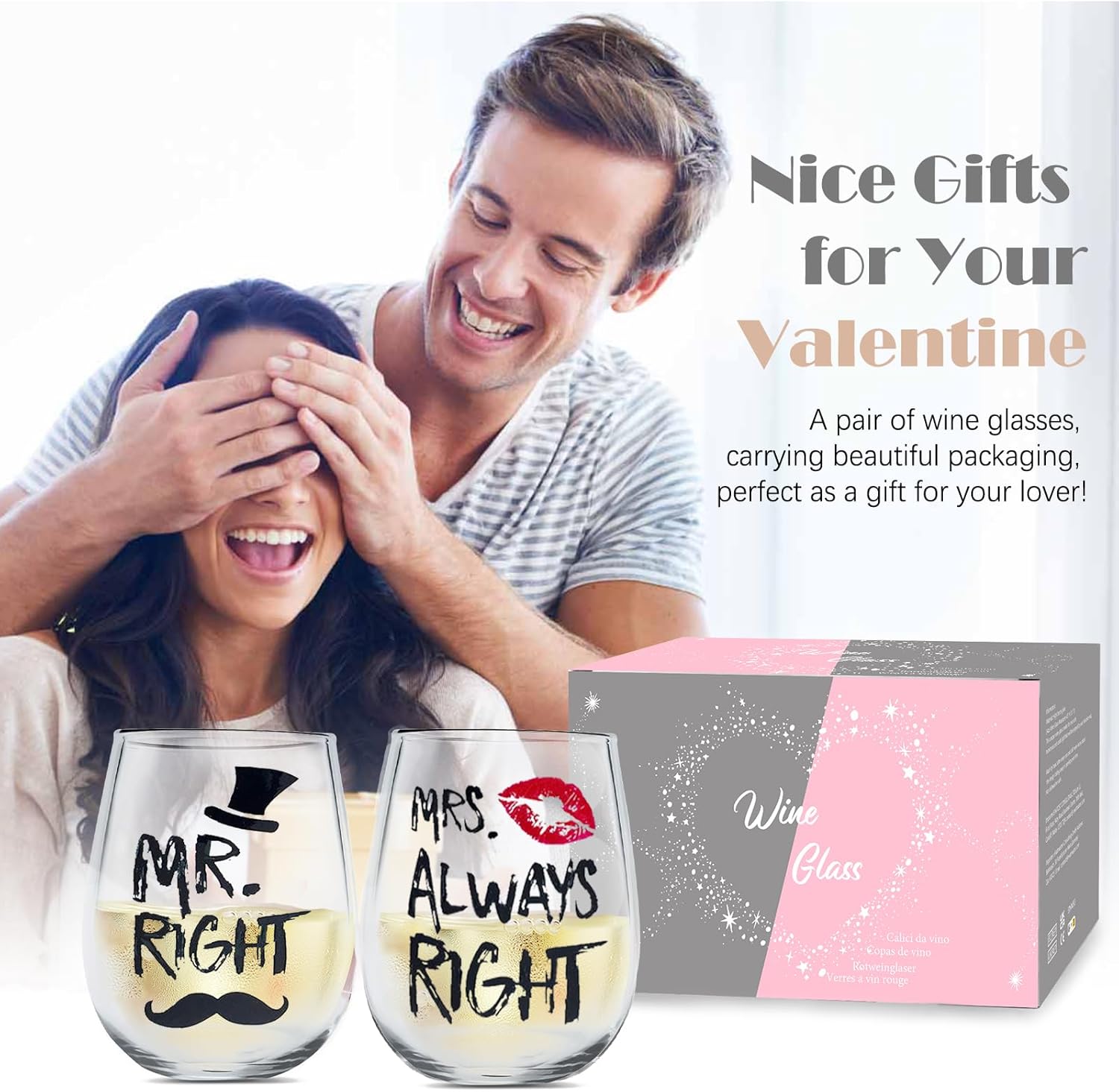 Mr and Mrs Wine Glasses Set, Couple Mug Wedding Gifts, Golden Engagement Anniversary Presents for Bride and Groom, Husband & Wife, Bridal Shower Newlywed, Boy And Girl Friend