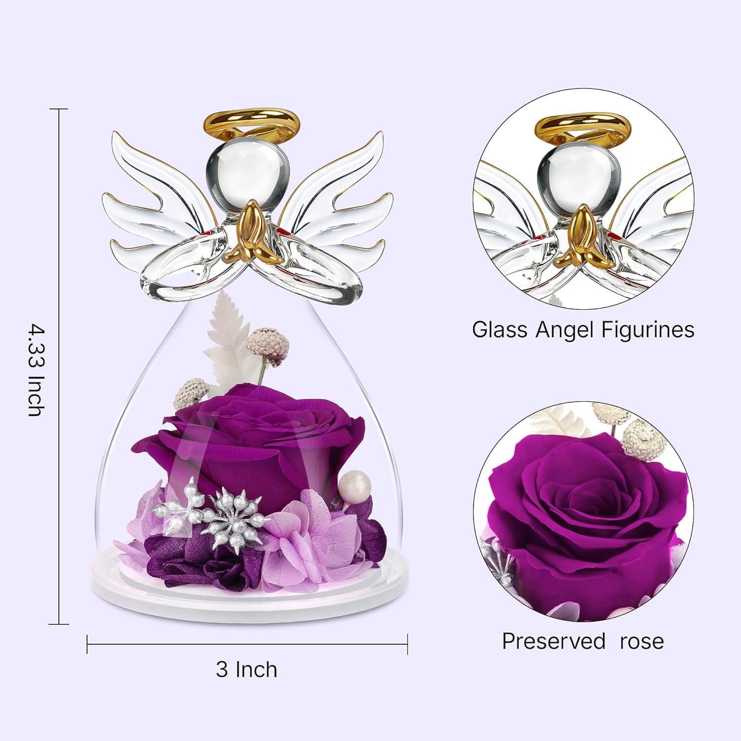 Preserved Flowers Rose in Glass Angel Figurines,Birthday Gifts for Women,Christmas Rose Gifts for Her Women Mom,Valentines Present,Purple Flowers for Grandma Wife Girlfriend