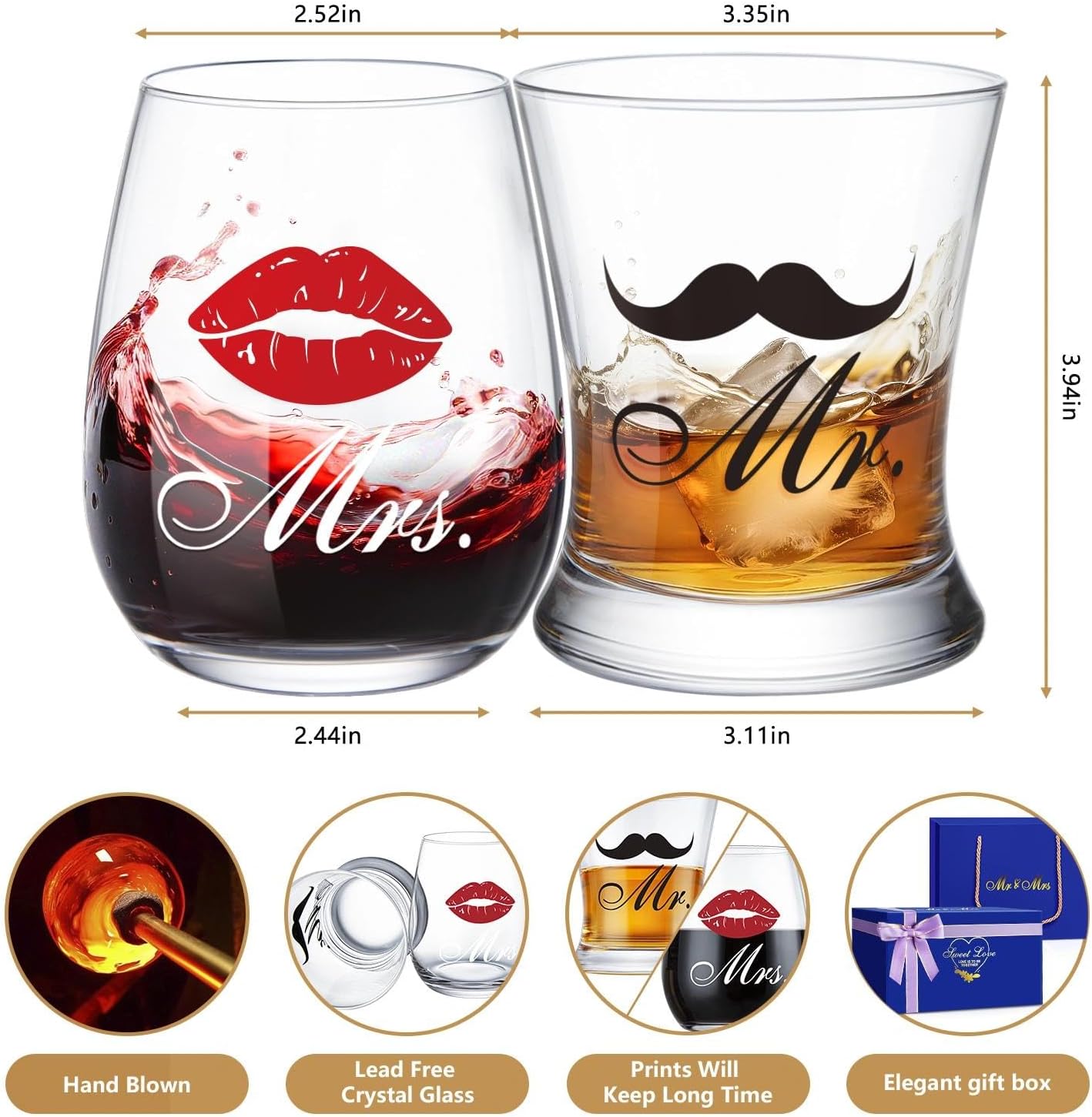 LIGHTEN LIFE Wedding Engagement Gifts for Couples, Bridal Shower Gift for Bride and Groom Newlyweds, Anniversary Mr and Mrs Whiskey Wine Glasses Set with Appron