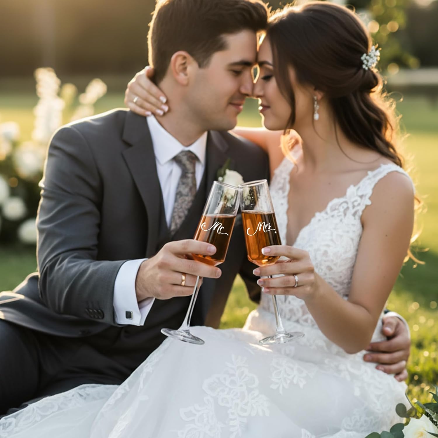 LemonRoad Wedding Gift Newlyweds Champagne Flute Set of 2 Bridal Shower Champagne Glasses Wine Opener Wine Stopper with Engraved Wooden Keepsake Box Engagement Gift for Couples(Mr & Mrs)