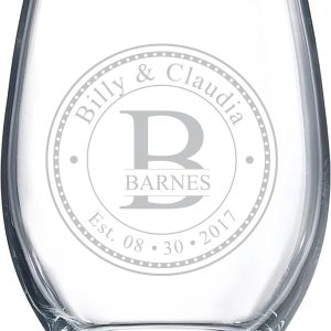 Personalized Stemless Wine Glasses (21oz) - Laser Engraved Anniversary & Wedding Gifts w/Names & Date - Dishwasher Safe. Custom Wine Glasses - Permanently Etched Couples Gifts