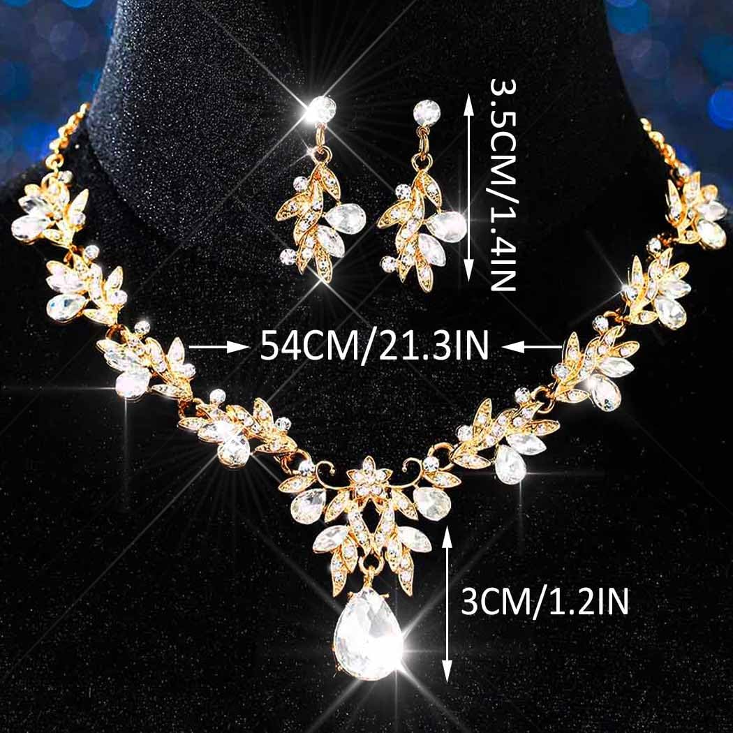 Unicra Rhinestone Bridal Wedding Jewelry Sets Gold Necklace Earrings Set Leaf Prom Formal Costume Jewelry Set for Women and Brides