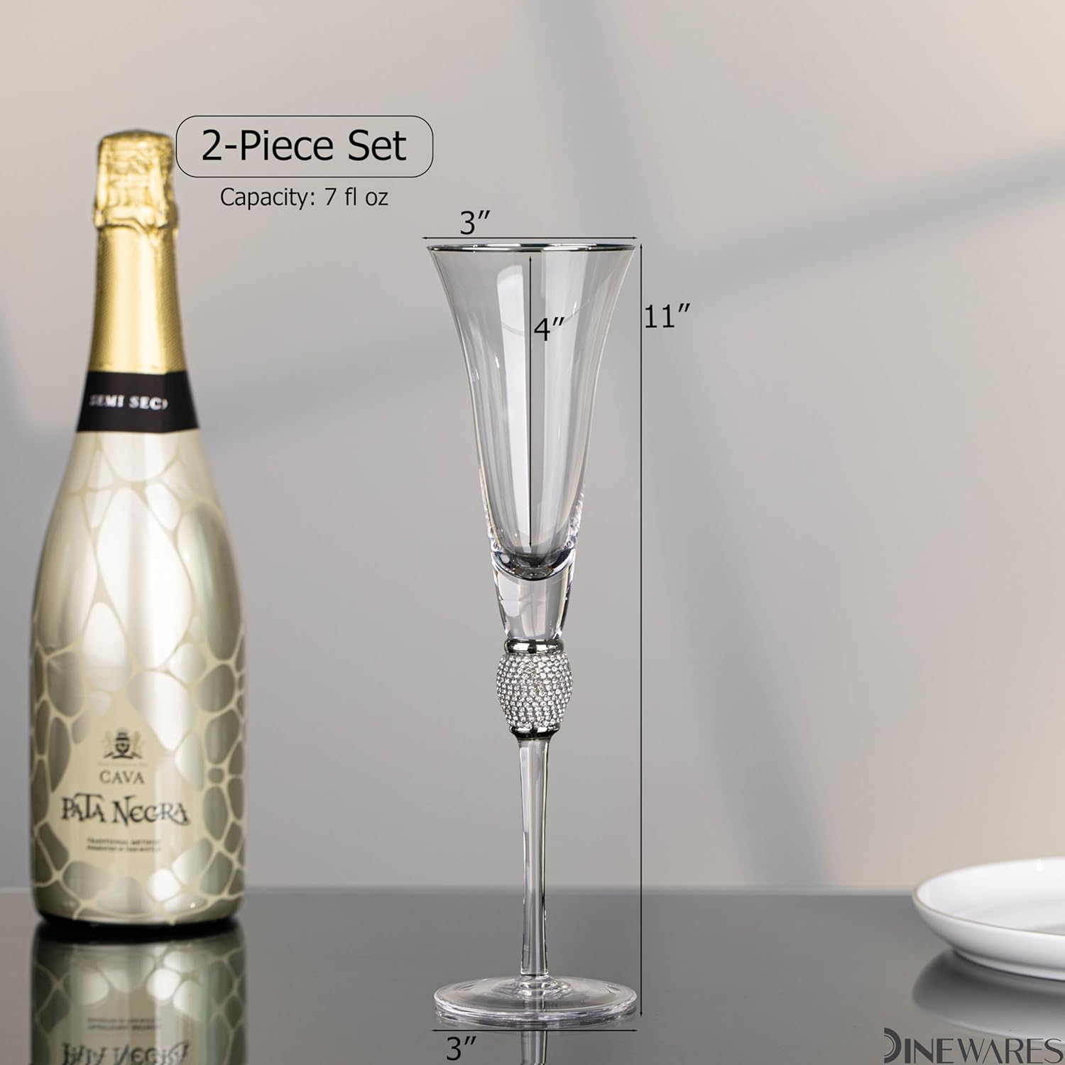 2 Piece Elegant Crystal Set Wedding Champagne Glasses with Diamond Rhinestone Accents and a Polished Silver Rim – 11 in Tall with Slender Long Stem, 7 oz – Chic Toasting Set for the Bride and Groom