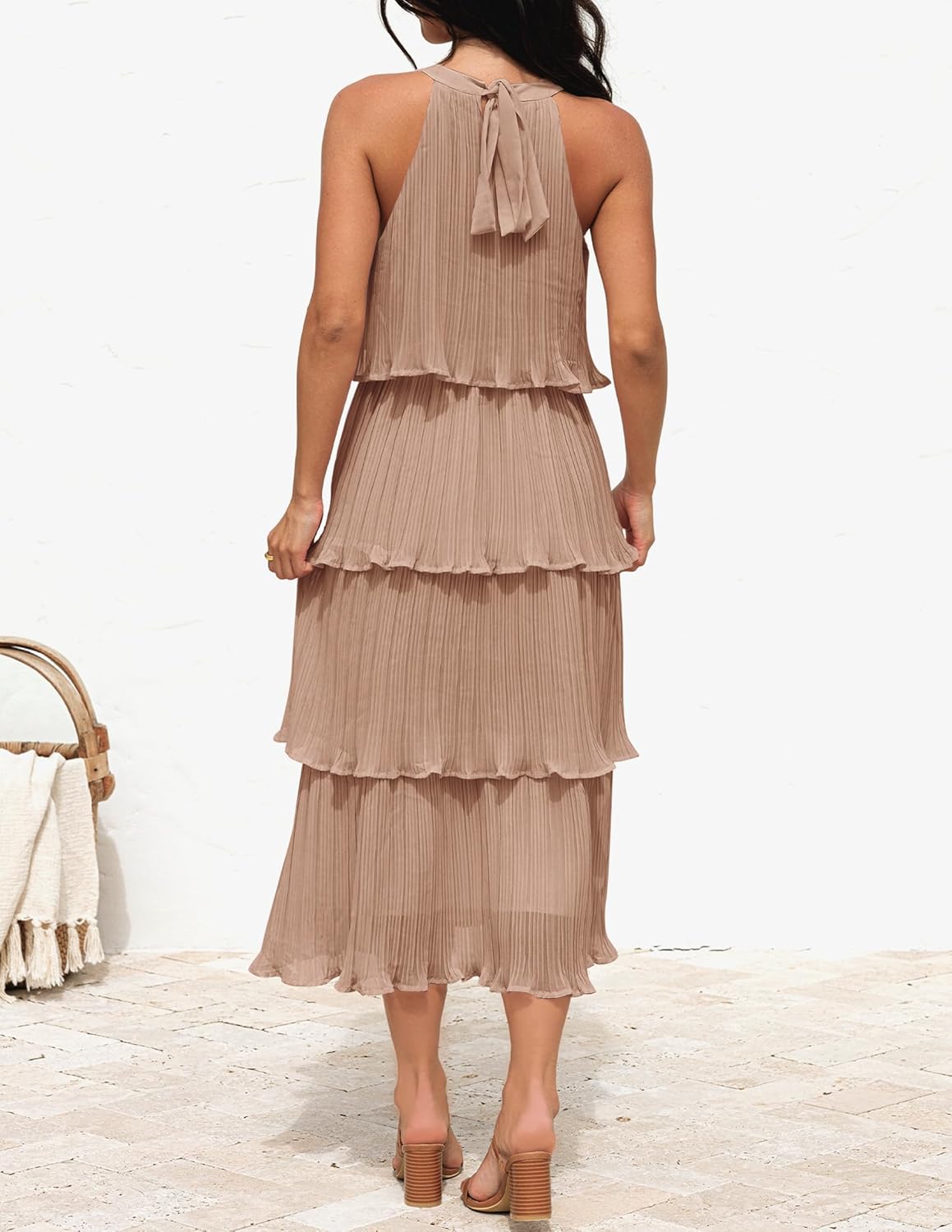 ZESICA Women’s 2025 Summer Sleeveless Halter Neck Ruffle Tiered Layed Chiffon Flowy Swing Long Midi Dress