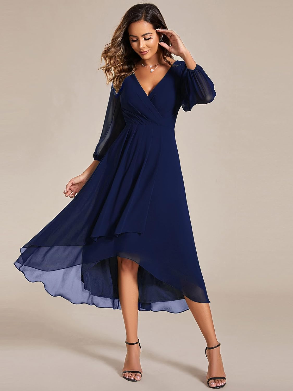 Ever-Pretty Women’s Chiffon V Neck Long Sleeves Pleated A-Line Midi Length Wedding Guest Dress 01926