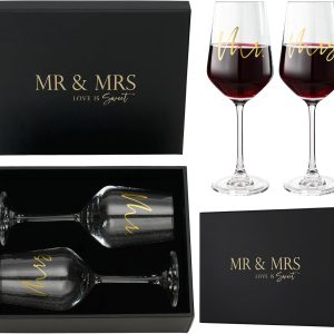 AW BRIDAL Mr and Mrs Wine Glasses Set of 2 for Engagement Bridal Shower, Wedding Gifts for Newlywed Couples 2025, Personalized Anniversary Wine Glass Gift Basket for Bride Groom and Fiance Fiancee