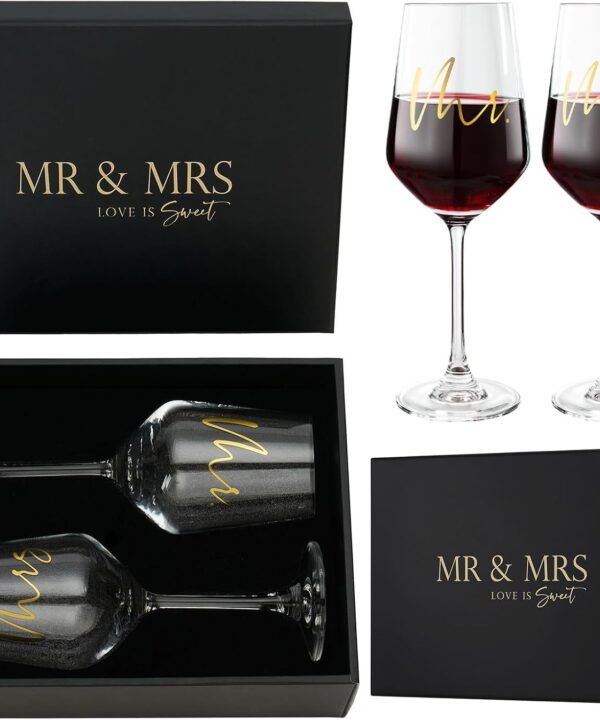 AW BRIDAL Mr and Mrs Wine Glasses Set of 2 for Engagement Bridal Shower, Wedding Gifts for Newlywed Couples 2025, Personalized Anniversary Wine Glass Gift Basket for Bride Groom and Fiance Fiancee