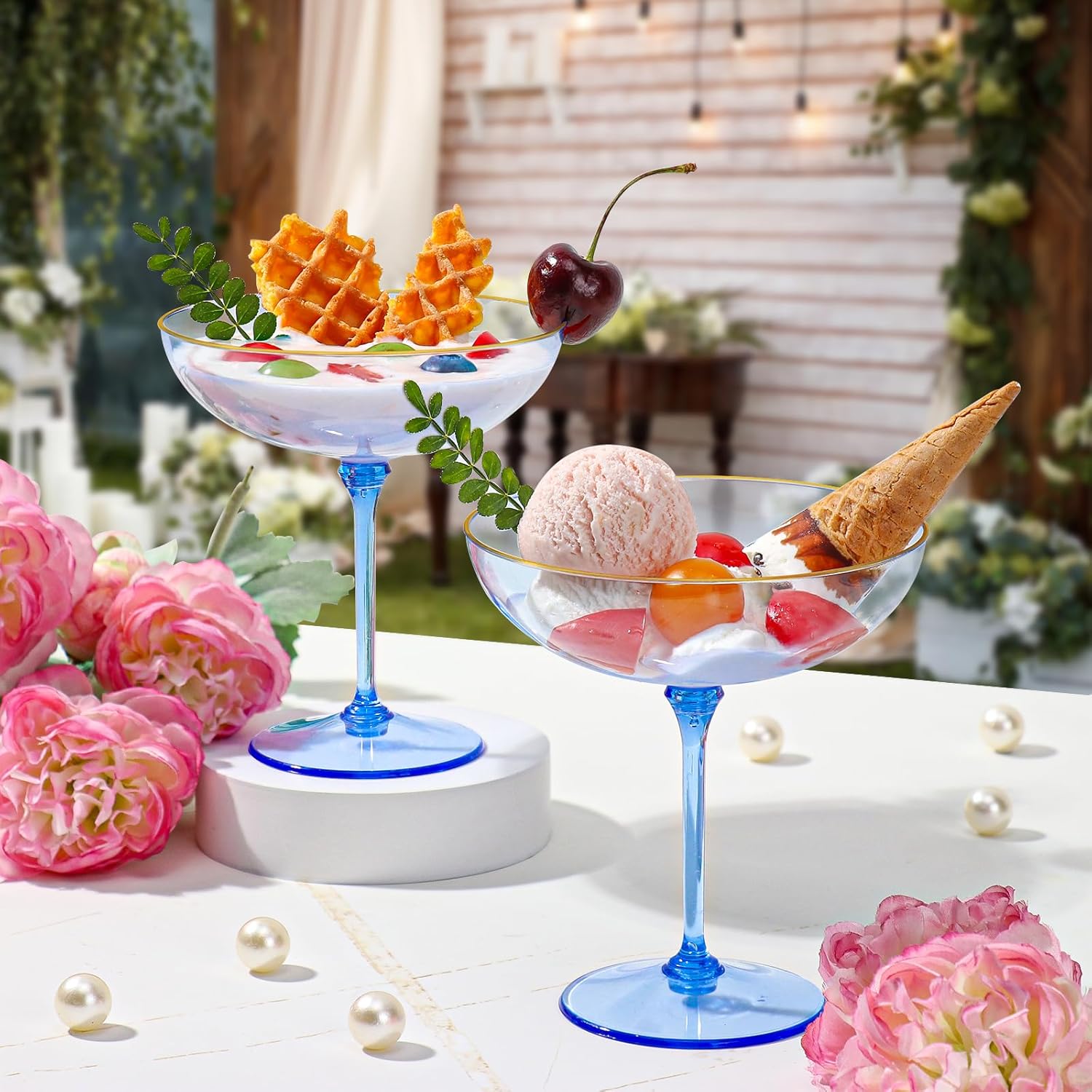 Detachable Martini Glasses 9oz Plastic Blue Champagne Coupe Glasses Gold Rim Hand Blown Vintage Cocktail Glassware Set Unique Martini Glass For Wine Wedding (24, Clear Blue)