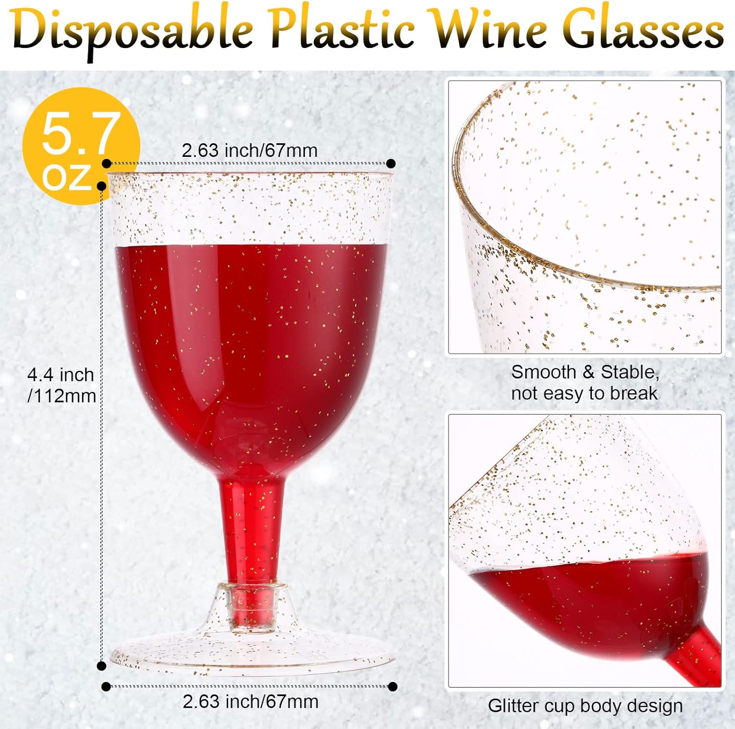 meekoo 50 Pcs 5.7oz / 170ml Disposable Plastic Wine Glasses, Gold Glitter Champagne Goblets Cocktail Cups for Weddings Birthday Bridal Shower Halloween Thanksgiving Christmas Party Outdoor Gatherings