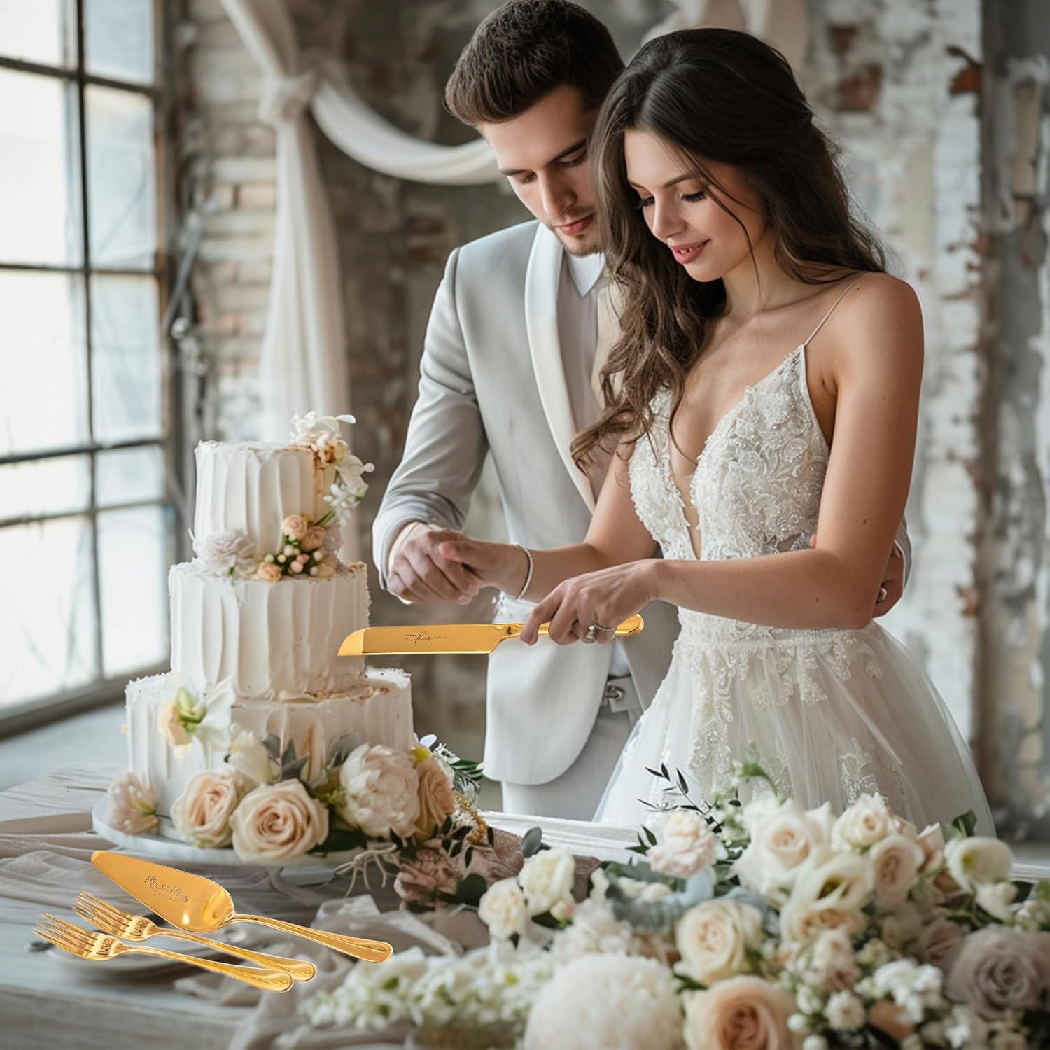 Wedding Cake Knife and Server Set, Bride and Groom Champagne Glasses and Gold Cake Cutting Set for Wedding, Cake Cutter and Champagne Flutes Glass for Mr and Mrs Gifts for Coples (Gold)