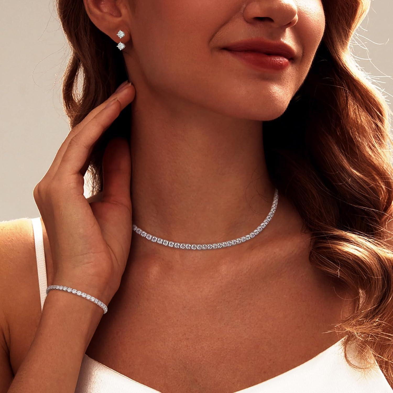 Luxval Tennis Necklace Set for Women Tennis Bracelets Diamond Earrings Sterling Silver Necklace Wedding Jewelry for Bride Silver Jewelry Sets for Women Gift