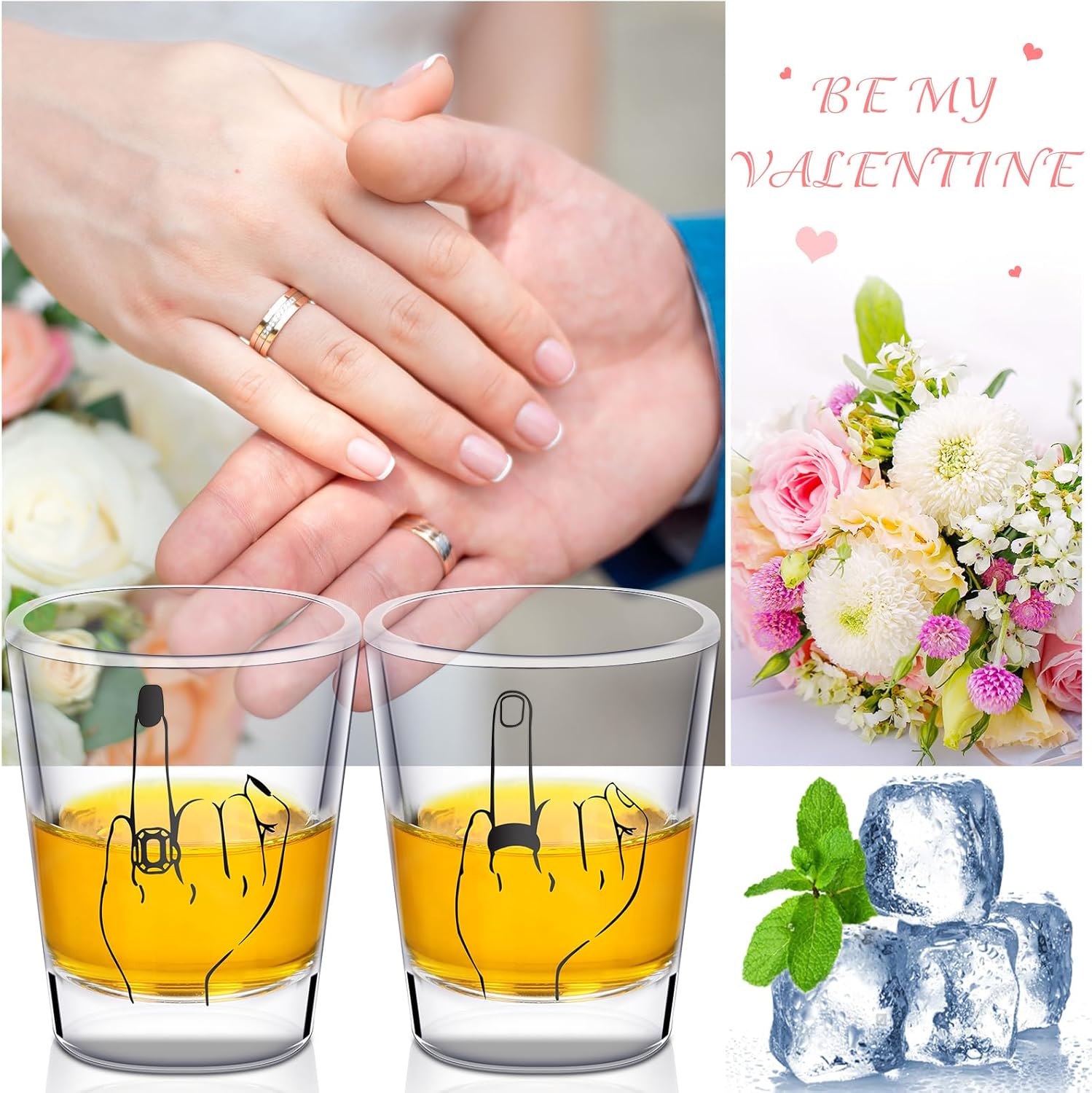 Mimorou Bride and Groom Glasses 2 Pieces Ring Finger Wedding Funny Bride Wine Glass 2 oz Mr and Mrs Engagement Gifts Stemless for Newlyweds Couples(Cool,1.93 Inch)